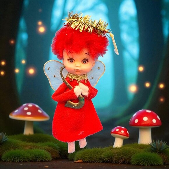 Vintage 1950s Napco Red Hair Pixie Angel Ornament Felt Elf Japan Tinsel Halo Sax - Picture 1 of 9